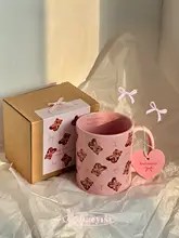 陶器カップ 超かわいいリボン付きクマ 朝食/コーヒー ピンク 韓国風
