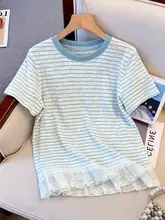 フリルレースストライプショートスリーブTシャツ【女性用・夏・スリムフィット・学生向け・短丈】