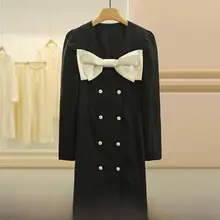 立体リボンデザインのVネックダブルブレストワンピース【夏用・ブラック】