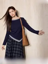 大きいサイズのバイカラー斜め肩デザインニットTシャツとチェック柄不規則シルエットスカート【ウエスト絞り】【春用】（セットアップ対応）