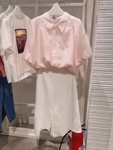 ピンクシフォンシャツ【夏用・パフスリーブ・オシャレ・ショートスリーブ】