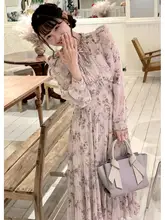 秋の清楚な印象のフラワープリントオフショルダーワンピース【リボンベルト付き・女性用】