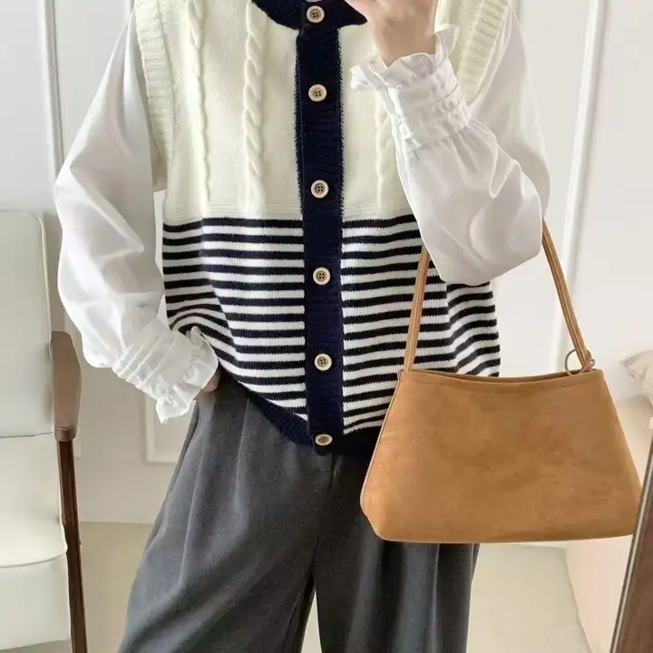 レトロカラーコンビネーションストライプニットベスト【女性用・秋冬用・重ね着スタイル】