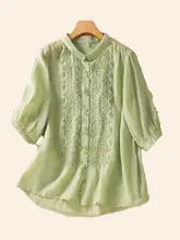 刺繍入りコットンリネンシャツ【七分袖・ゆったりフィット・春夏秋用】