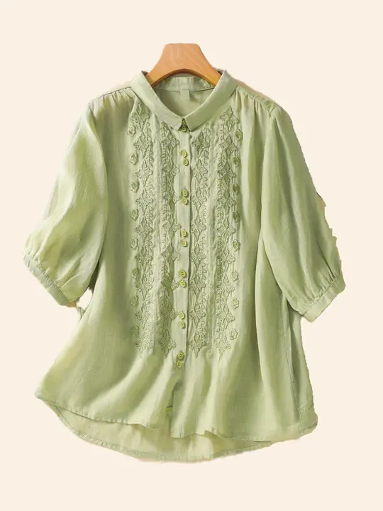 刺繍入りコットンリネンシャツ【七分袖・ゆったりフィット・春夏秋用】