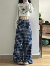 青いチェック柄のレディースワイドパンツ【ヴィンテージデザイン・春秋夏用・小柄対応】（セットアップ対応）