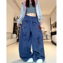アメリカンストリートスタイルのグラフィックプリントスウェットパンツ【レディース・ワイドレッグ・ダンス・用】