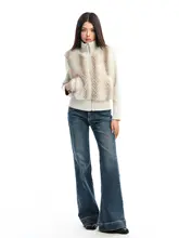 デザインニットとエコファーのスタンドカラー暖かショートコート【女性用・カジュアル】