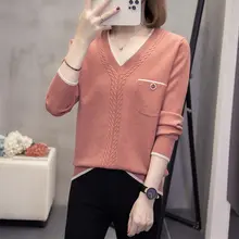 デザイン性のあるVネック長袖ニットトップス【秋冬用・大きいサイズ・スリム効果】