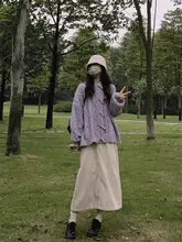 フード付きニットカーディガン【牛角ボタン・パープル・ケーブル編み・秋冬用・フィット】