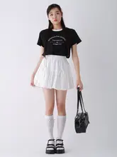 カラーブロック刺繍入りリボン付きラウンドネックTシャツ【かわいいデザイン・ショートスリーブ】