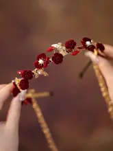 古典スタイルの長流しフリンジヘッドバンド【結婚式用・赤色・チャイニーズファッション】
