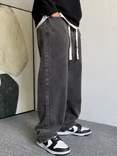 ブラックグレーの水洗い復古デニムパンツ【メンズ・ストレート・・ウエスト紐】