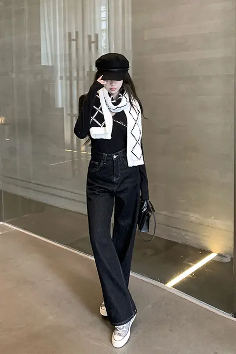 kubilivcasual 裏起毛 ウォッシュドハイウエストストレートレッグパンツ【ヴィンテージデニム・ワイドレッグ】