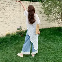 夏のレジャーに最適！レースの不規則なフリルブラウスとデニムパンツ（セットアップ対応）