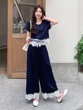 バイカラー レース切替 短袖トップス&ワイドパンツ【天絲・リネン素材】（セットアップ対応）