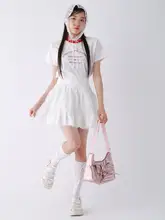 カラーブロック刺繍入りリボン付きラウンドネックTシャツ【かわいいデザイン・ショートスリーブ】