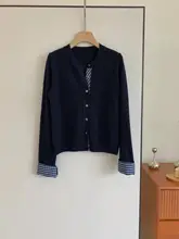 通勤用ニットカーディガン【チェック柄・バイカラー・ボタン付き・春秋用】