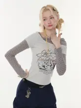 春秋にぴったり！ウサギプリントドット柄長袖Tシャツ【グレー調・デザイン性・重ね着風】（セットアップ対応）