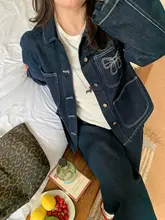 リボンデザインのデニムジャケットとパンツ【レトロスタイル・大きいサイズ・女性用】（セットアップ対応）