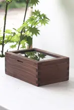 ブラックウォールナット製収納ボックス【ガラス蓋付き・榫卯構造・レトロデザイン】