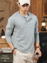 グレーの純綿ヘンリーティーシャツ【アメリカンレトロ・長袖・スリムフィット】