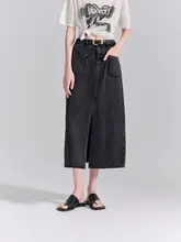 スリットデザインのデニムスカート【レトロスタイル・ロング丈・ストレート】（セットアップ対応）