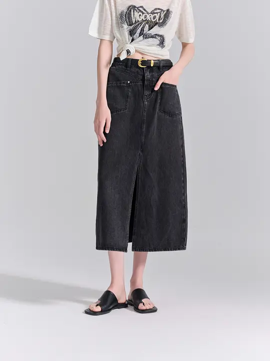 スリットデザインのデニムスカート【レトロスタイル・ロング丈・ストレート】（セットアップ対応）