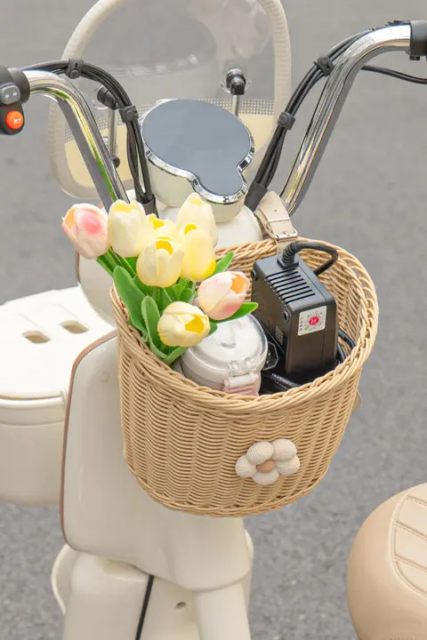 レトロデザインの電動自転車用前置きメッシュ収納バスケット【防水・紫外線対策】