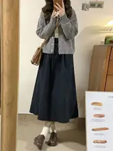 高腰デザインのコットン工装スカート【黒・ヴィンテージスタイル・膝下丈】（セットアップ対応）