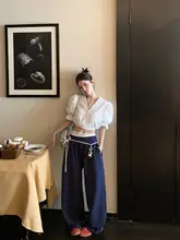 ショートスリーブボウタイブラウスとハイウエストカジュアルパンツ【コントラストカラー・セットアップ対応】