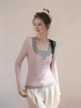 シンプルなデザインのピンク長袖Tシャツ【ヘンリーネック・女性用・フィット感】（セットアップ対応）