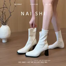 羊皮製 フラットトゥエラスティックブーツ【後ろジッパー・太ヒール・ショートブーツ】