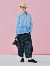 春の雰囲気漂う水洗いドットデニムロールアップパンツ【コットン・ロールアップデザイン】（セットアップ対応）
