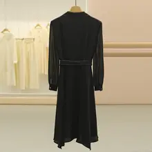 洗練されたデザイン！スーツ襟の不規則シルエットウエスト絞りドレス【長袖・小さな黒ドレス】（セットアップ対応）