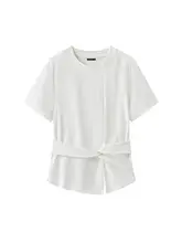 夏用シンプルデザインの丸首ツイストショートスリーブトップ