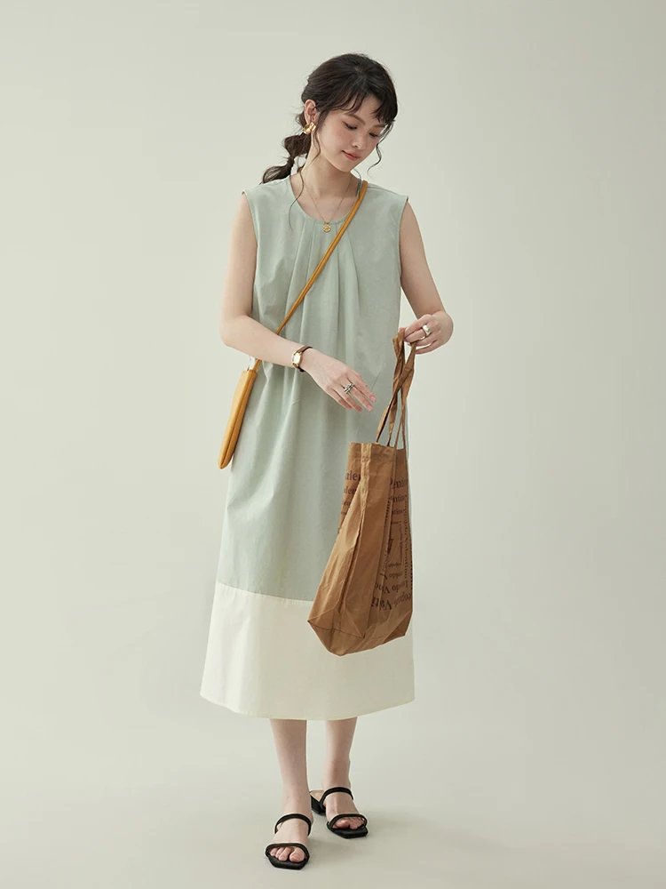 北島AMUU オリジナル 韓国風 ラウンドネック ノースリーブ パッチワーク ワンピース【夏用・スタイル】