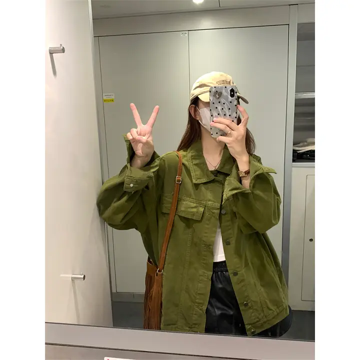 ヴィンテージ風グリーンデニムジャケット【ドルマン襟・ゆったりタイプ・女性用】