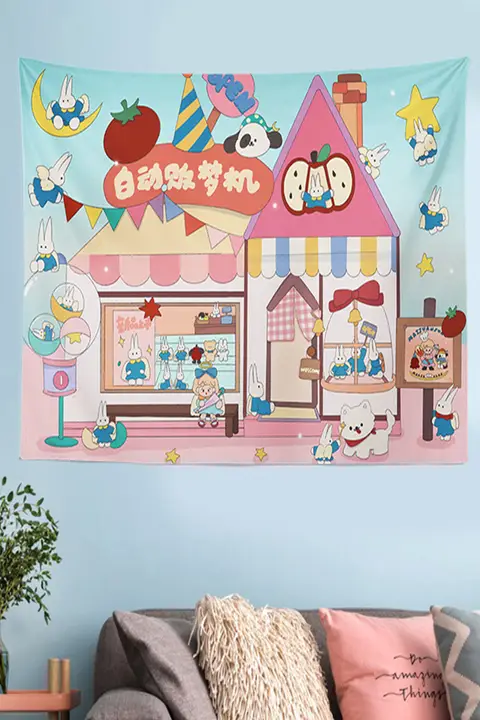 かわいいキャラクターの自動販売機デザイン 壁掛け装飾布【寝室用・背景布・インテリア】