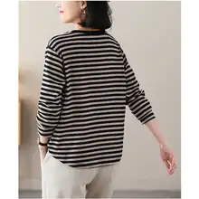 ストライプ柄 レディース Tシャツ【大きいサイズ・丸首・長袖・ルーズフィット】