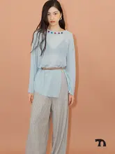 日焼け防止の微透けデザイン カラーボタン付き ゆったりフィット ロングスリーブトップス