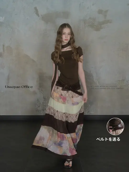 2点セット レディース フレアスカート ニットトップス バイカラー ボリューム 「UNSOYAO」