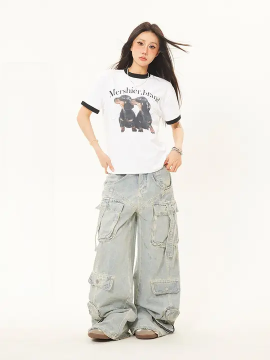 Tシャツ 半袖 レディース 犬柄 バイカラー アメカジ ヴィンテージ カジュアル 着回し おしゃれ トレンド 「ZHL Studio」