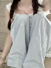 青の刺繍リボン付きアイスシルクハイウエストワイドパンツ【夏用・した着心地・フロー感】