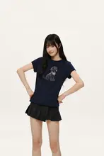 可愛い犬のアップリケ付きニットTシャツ【丸首・半袖・カジュアル・夏用】