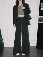 V型デザインの黒のカジュアルパンツ【高腰・ワイド・フレアシルエット】