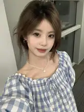 個性的なリボン付き青いチェック柄半袖シャツ【パフスリーブ・夏用・ショート丈】