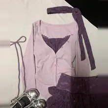レースデザインの紫色ワンピース【春夏用・気品あるスタイル・ショートスカート・セットアップ対応】