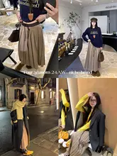 春秋用 レディース 2色配色 ハイウエスト Aライン スカート【ヴィンテージ風・プリーツデザイン・ミディ丈】