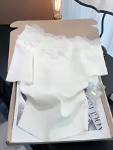 レース切替ワンショルダーアイスシルクニットトップス【夏用・ウエストシェイプ  ・ショート丈】（セットアップ対応）